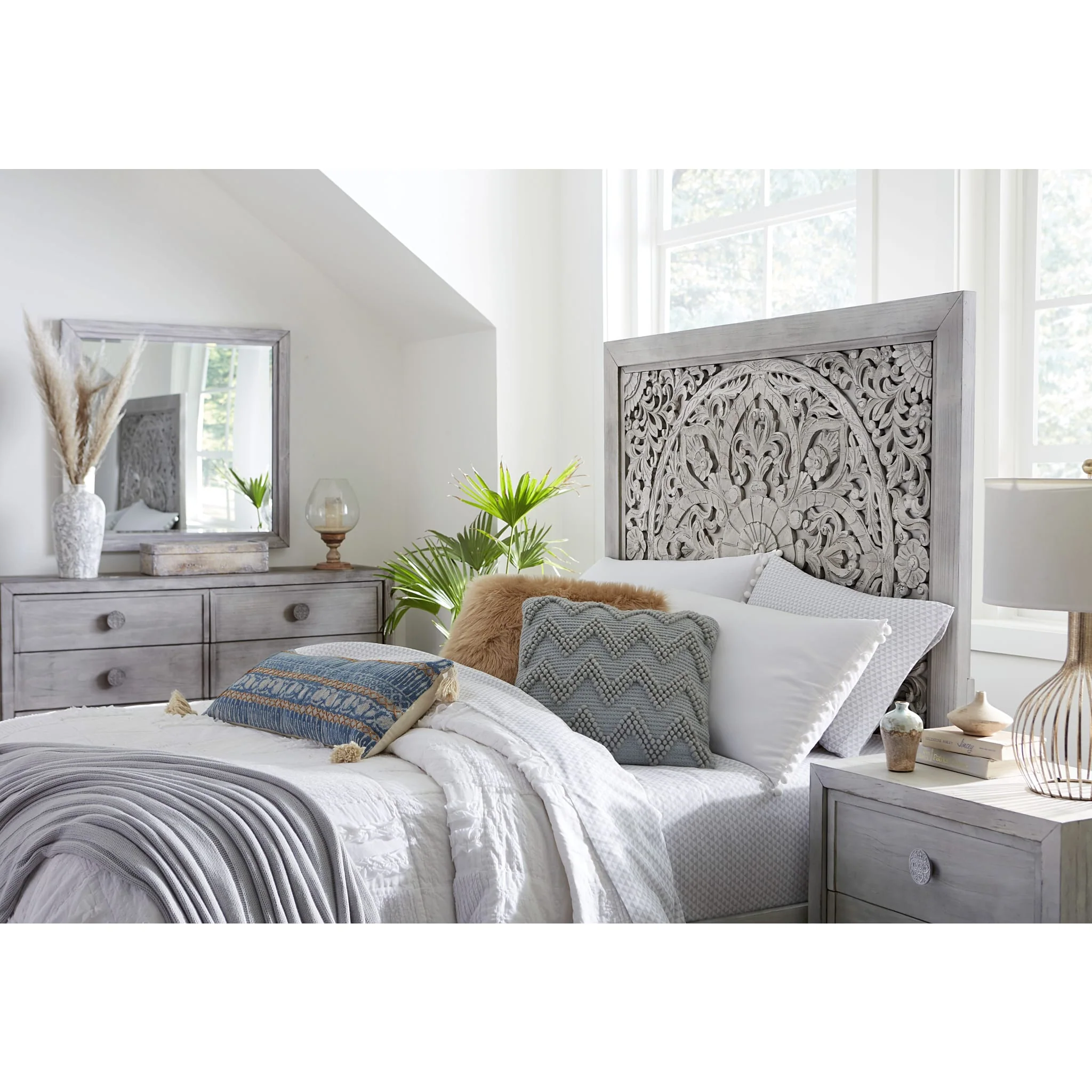 Boho Chic Carved Platform Bed in Washed White - Image 3