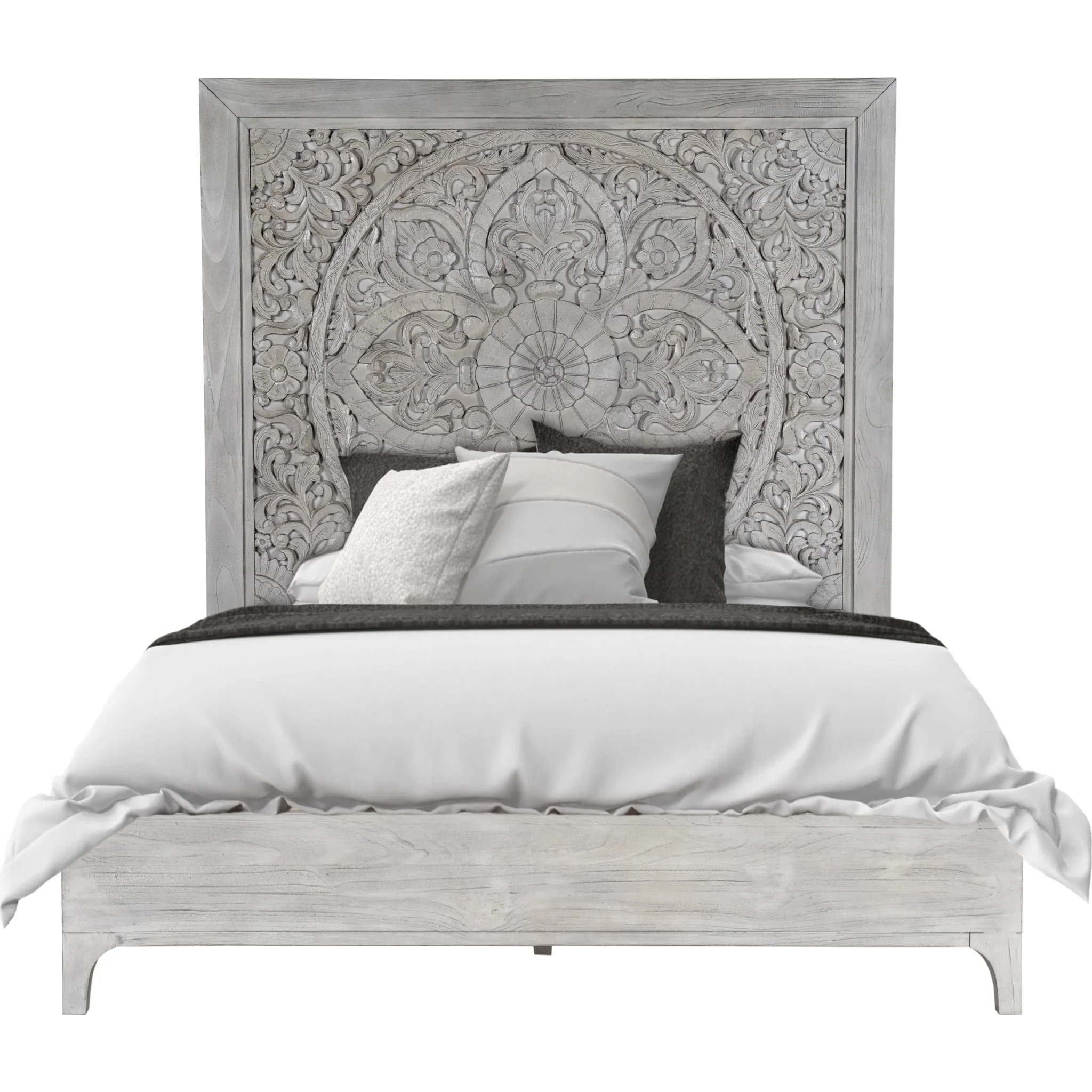 Boho Chic Carved Platform Bed in Washed White - Image 6