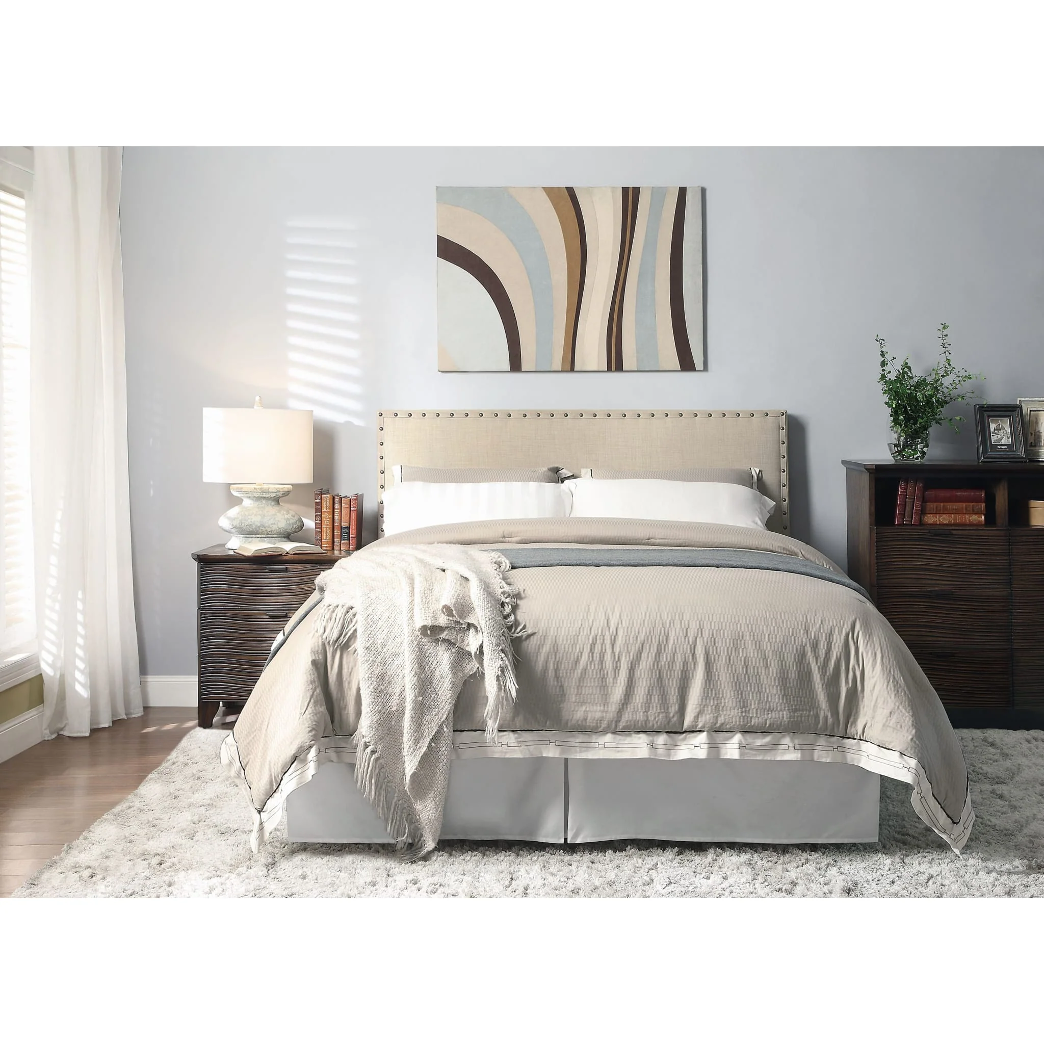Tavel Nailhead Upholstered Platform Bed in Toast Linen - Image 3