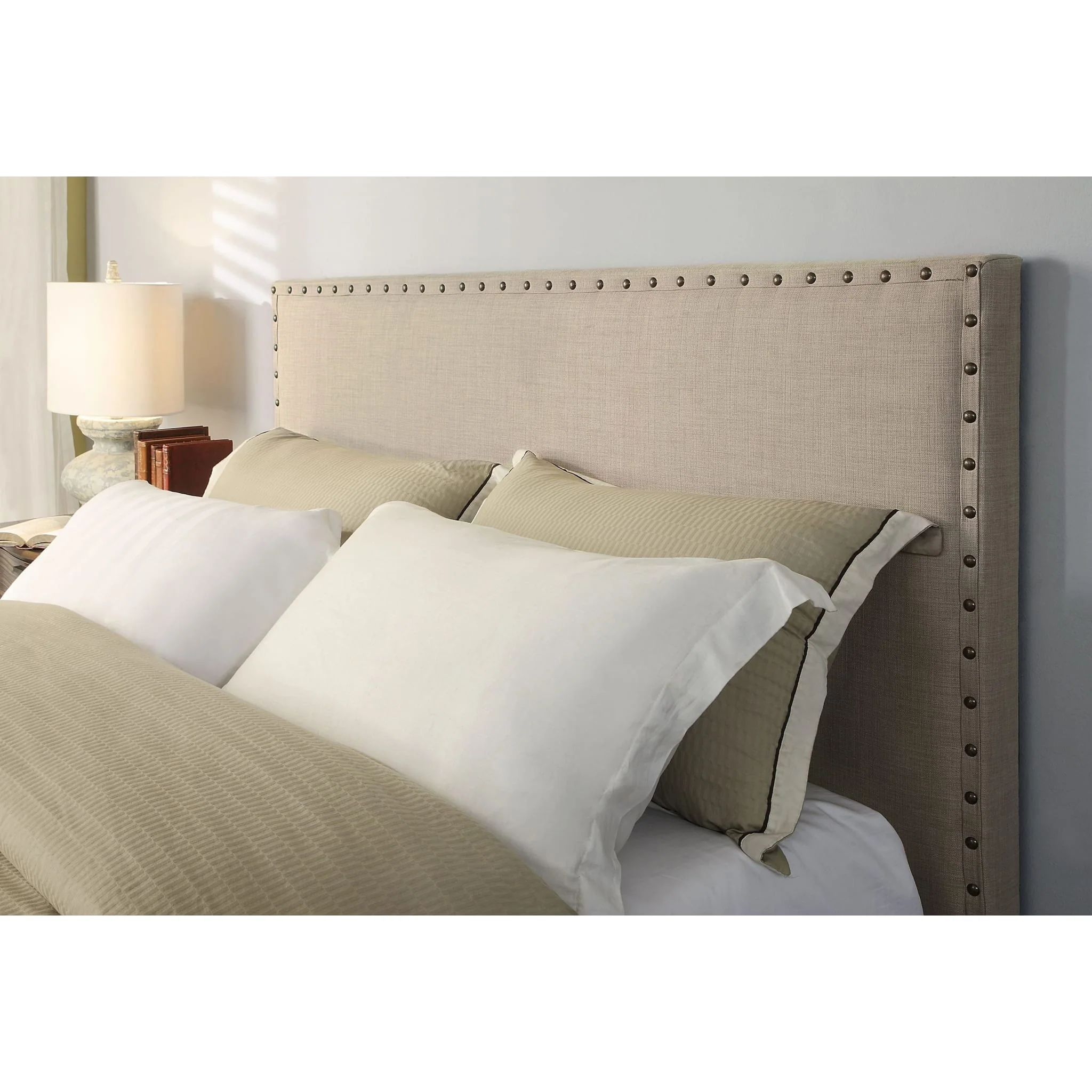 Tavel Nailhead Upholstered Platform Bed in Toast Linen - Image 4
