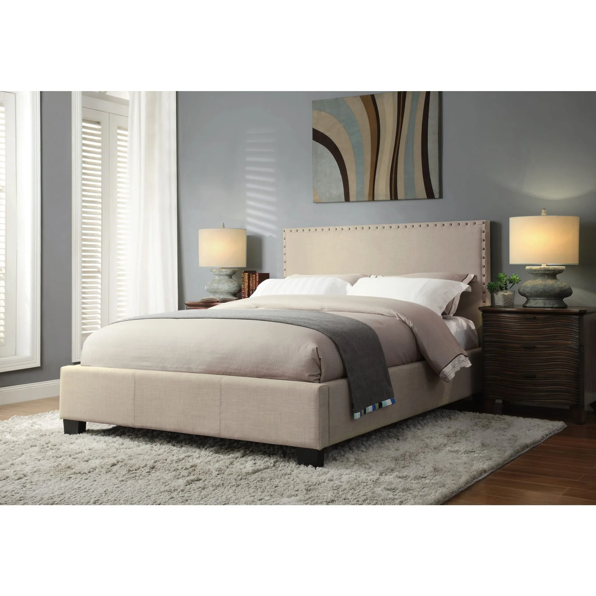 Tavel Nailhead Upholstered Platform Bed in Toast Linen - Image 8