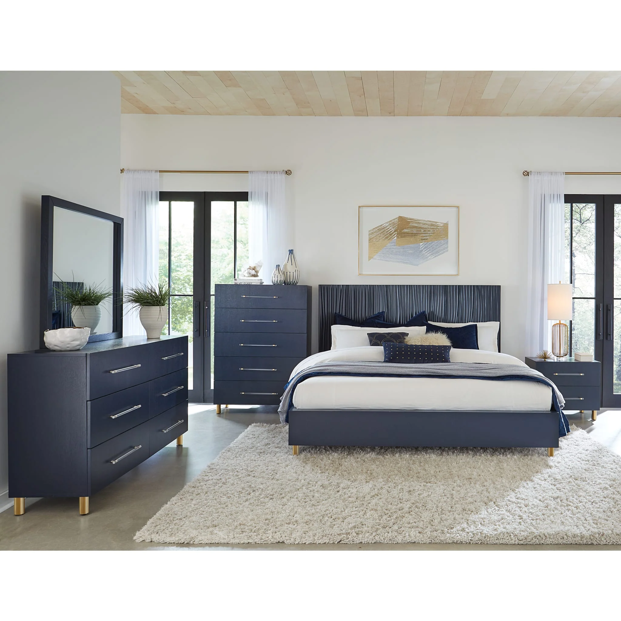 Argento Wave-Patterned Bed in Navy Blue and Burnished Brass - Image 3