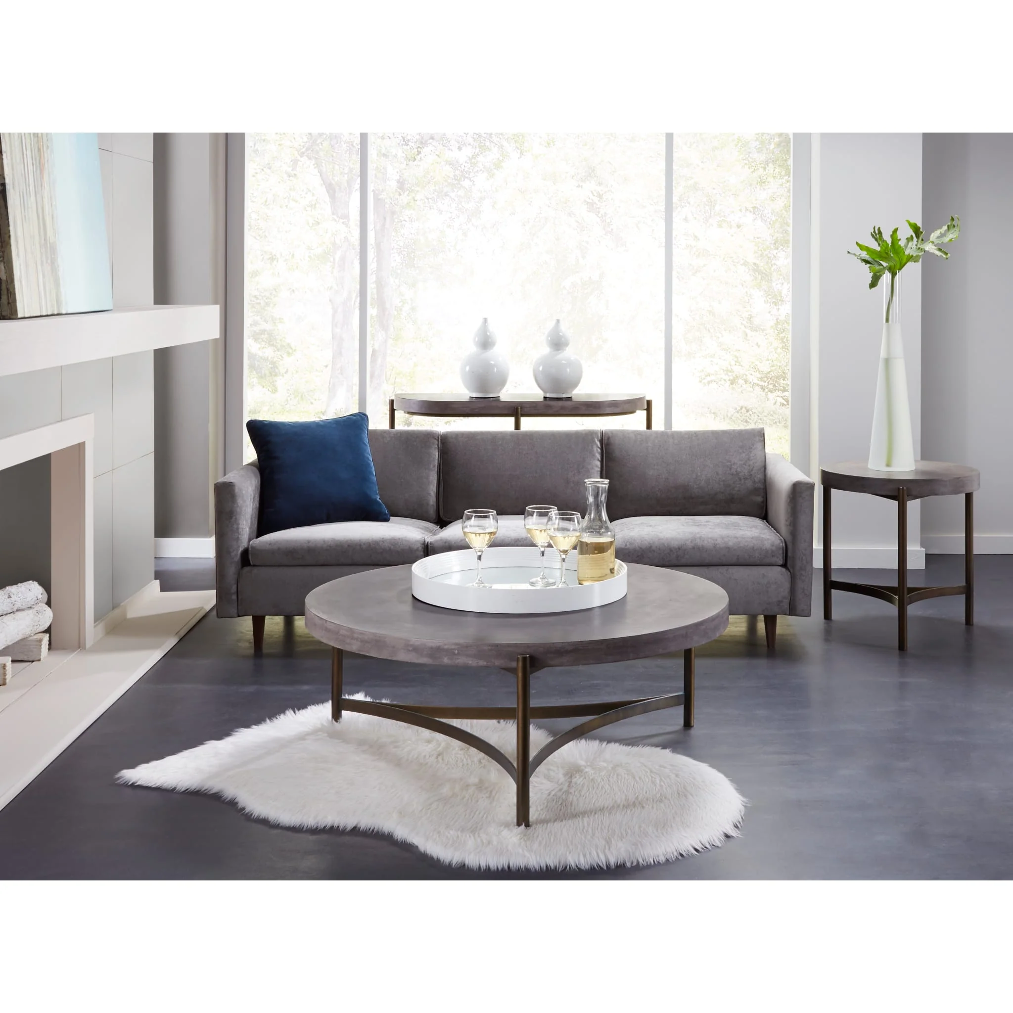 Lyon Round Natural Concrete and Metal Side Table - Image 2