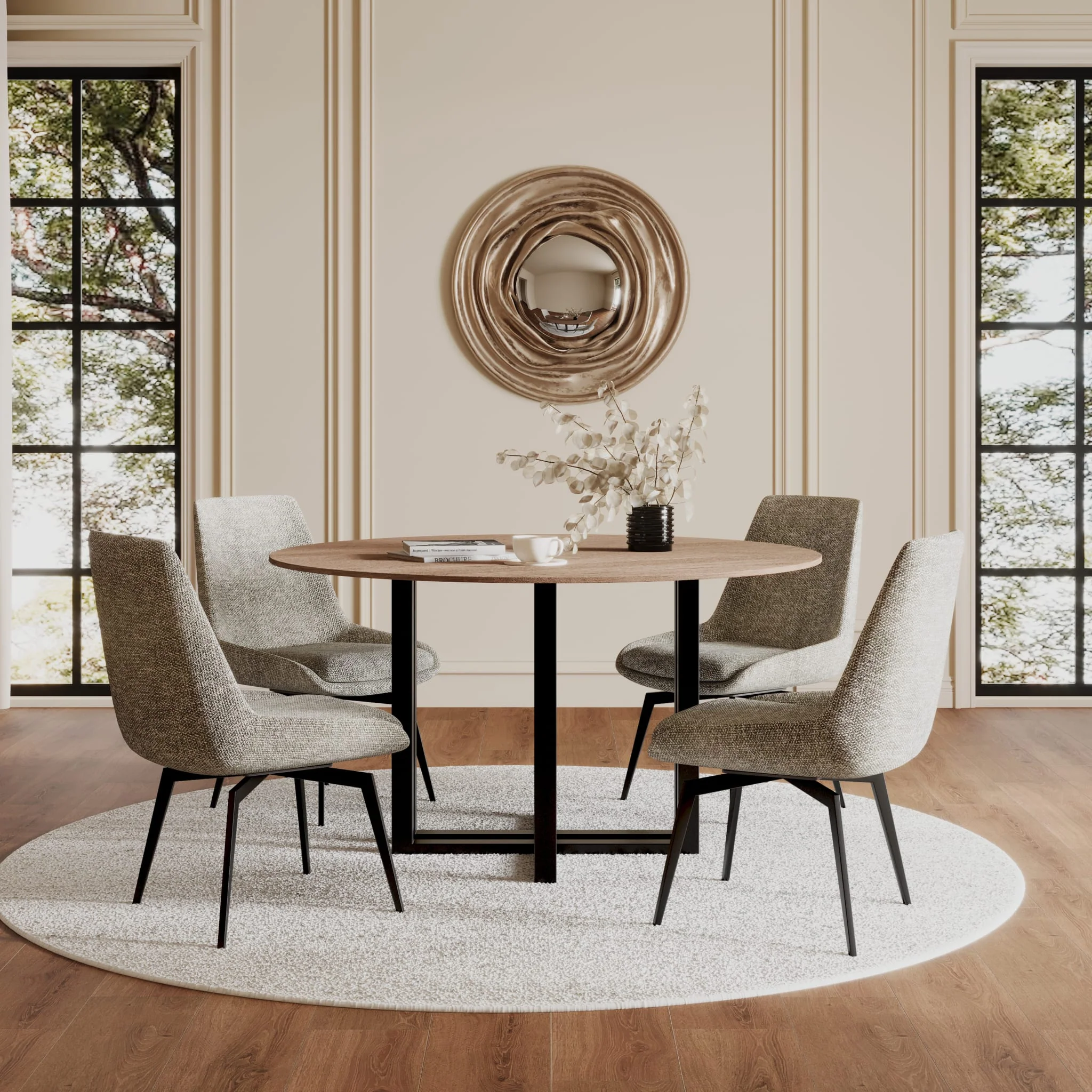 CEO Wood Pattern Round Sintered Stone Dining Table in Gunmetal and Washed Oak - Image 6