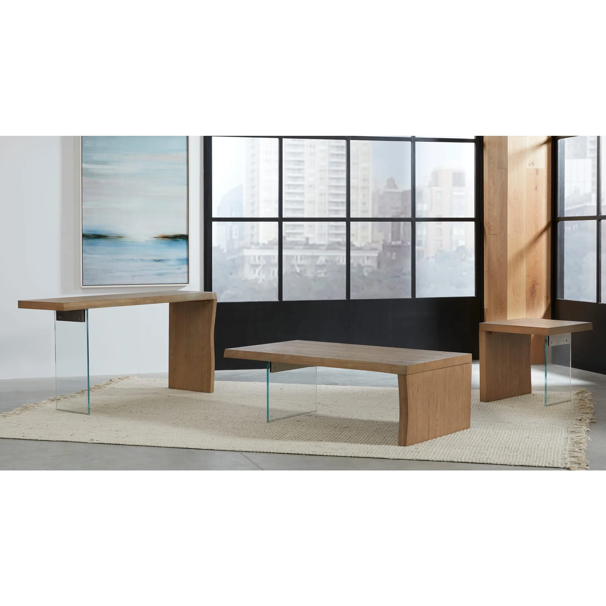 One Live-Edge White Oak and Glass Coffee Table in Bisque - Image 5