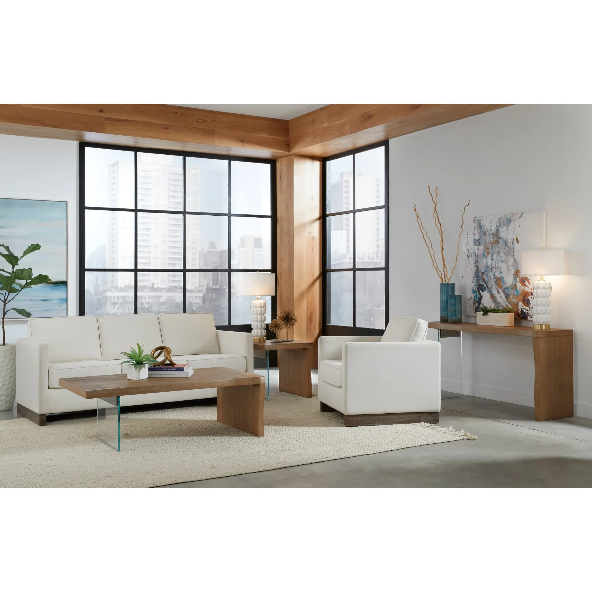 One Live-Edge White Oak and Glass Coffee Table in Bisque - Image 6