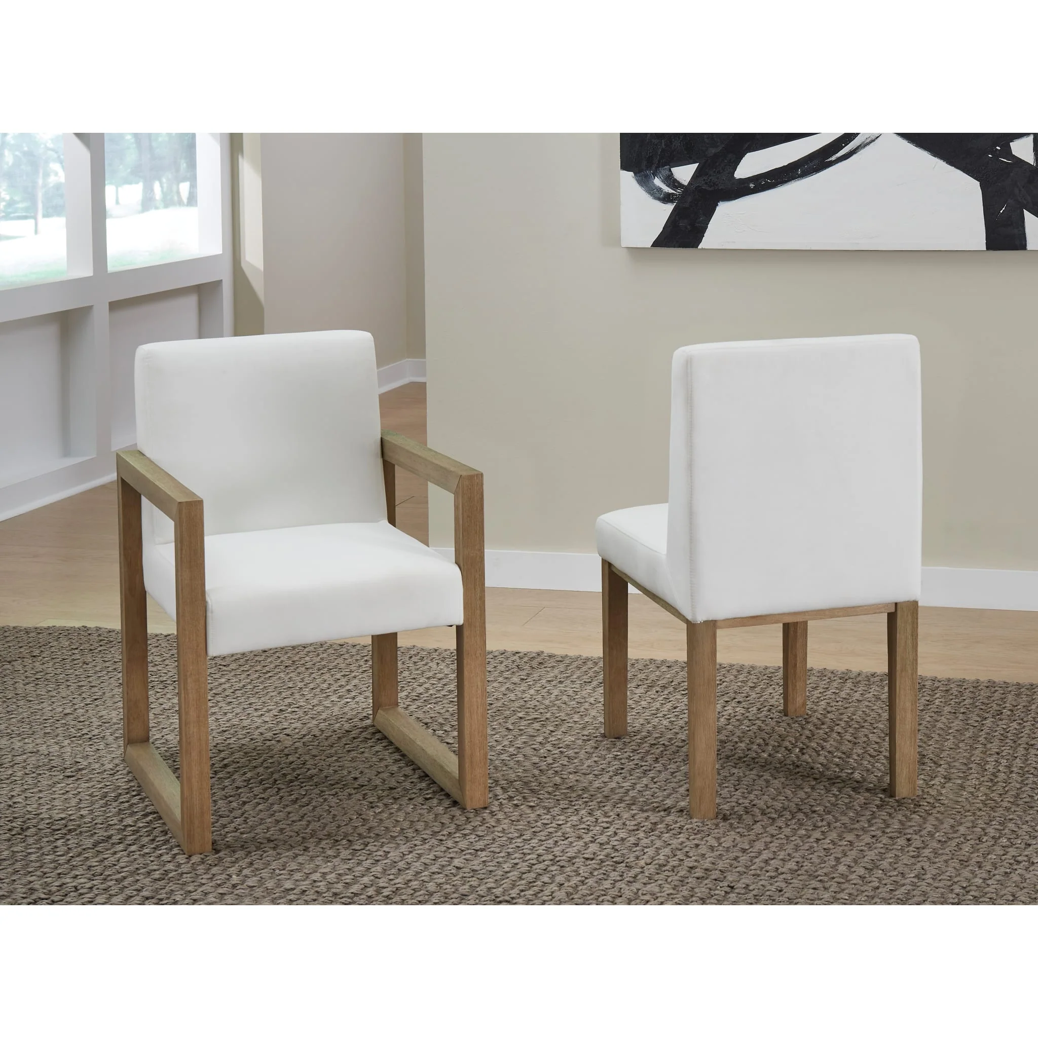One Modern Coastal Sled Leg Upholstered Dining Arm Chair in White Pearl and Bisque - Image 6