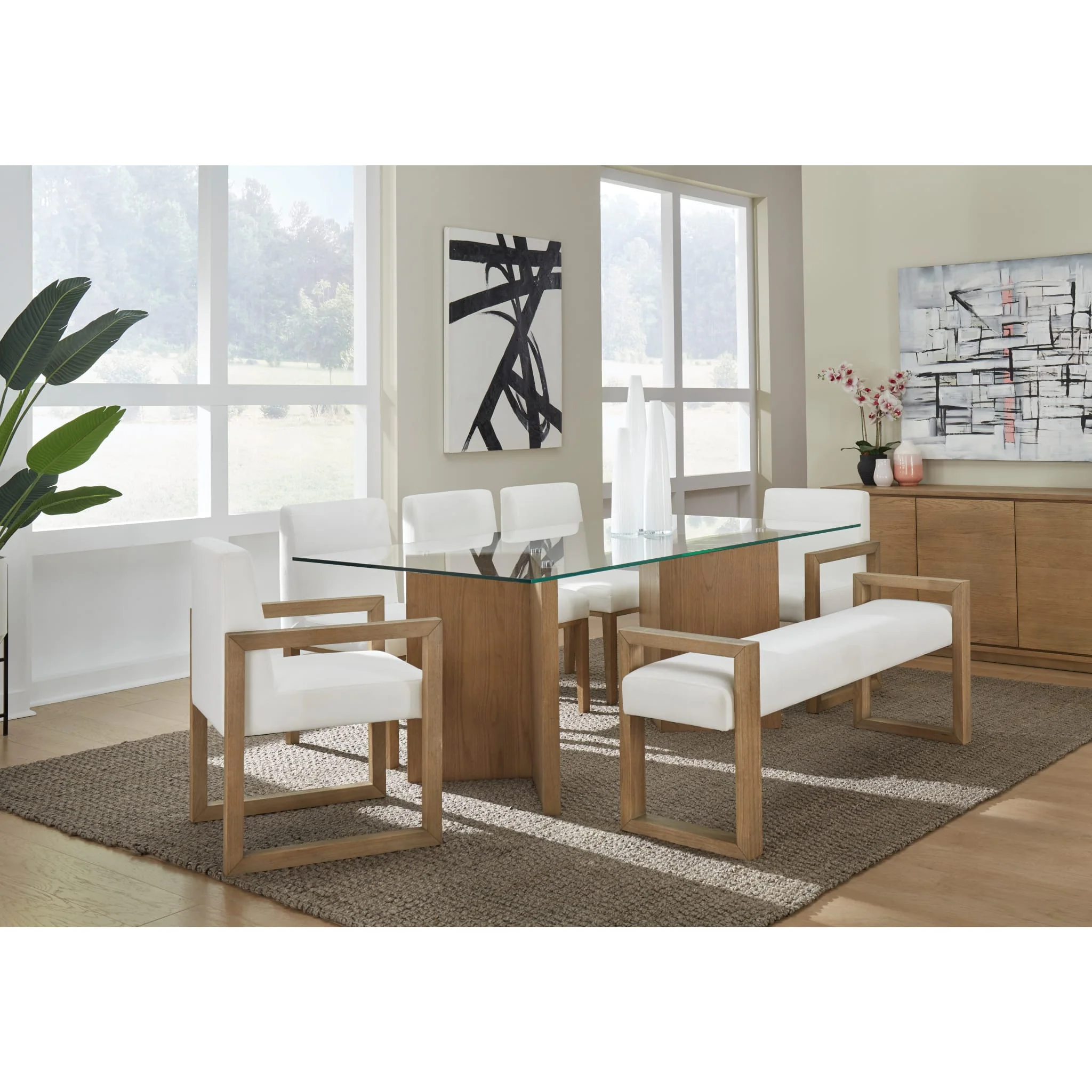 One Modern Coastal Sled Leg Upholstered Dining Bench in White Pearl and Bisque - Image 5