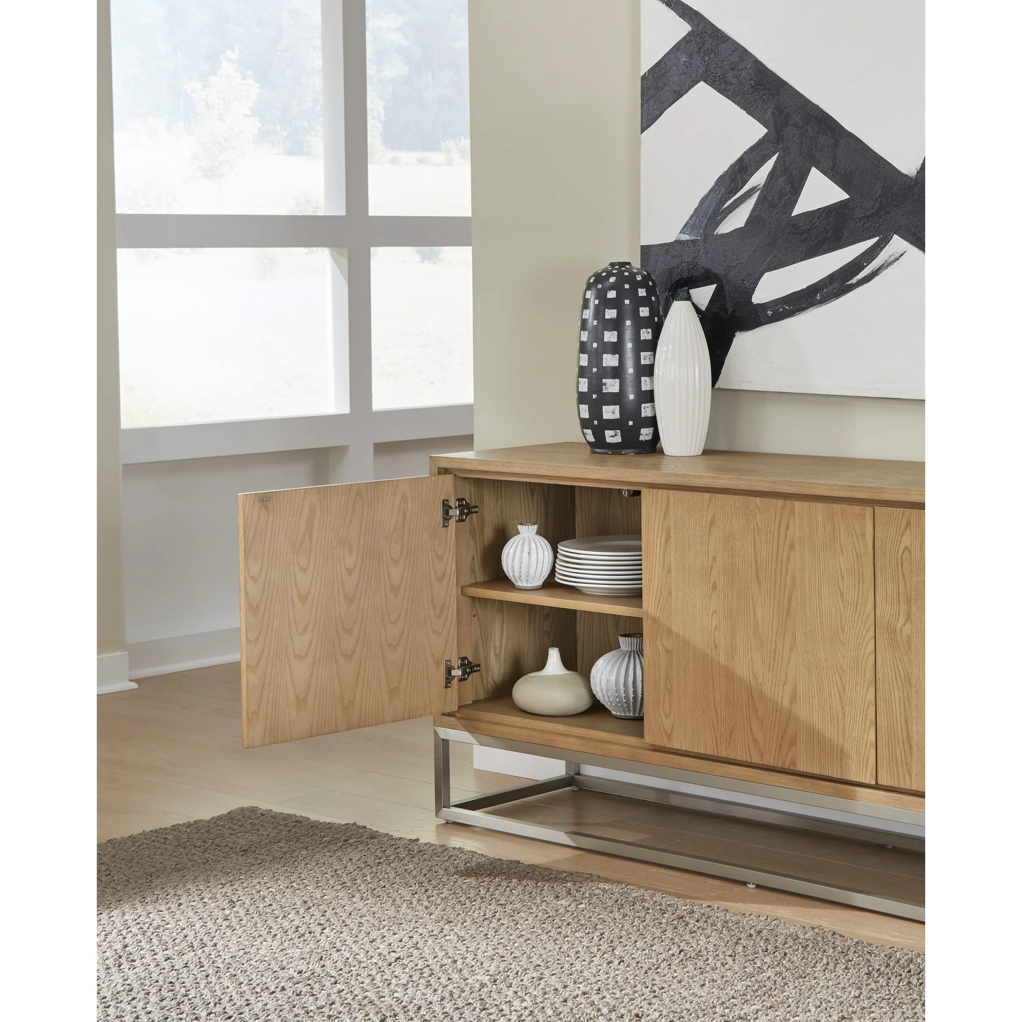 One Modern Coastal Metal Base Sideboard in White Oak and Brushed Stainless Steel - Image 2