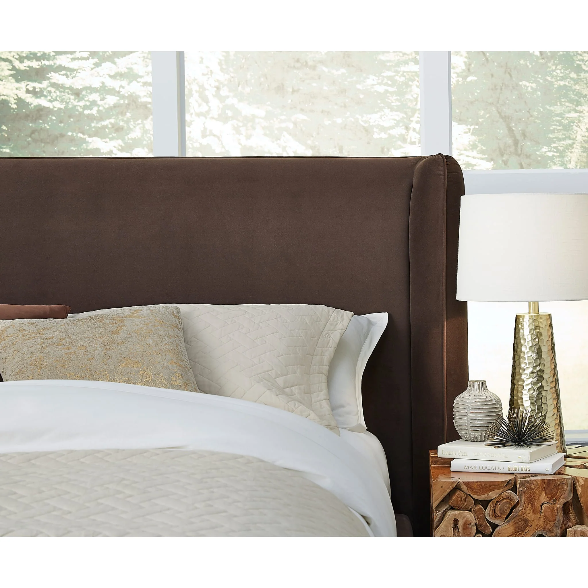 Bacall Velvet Upholstered Wingback Platform Bed in Cola - Image 4