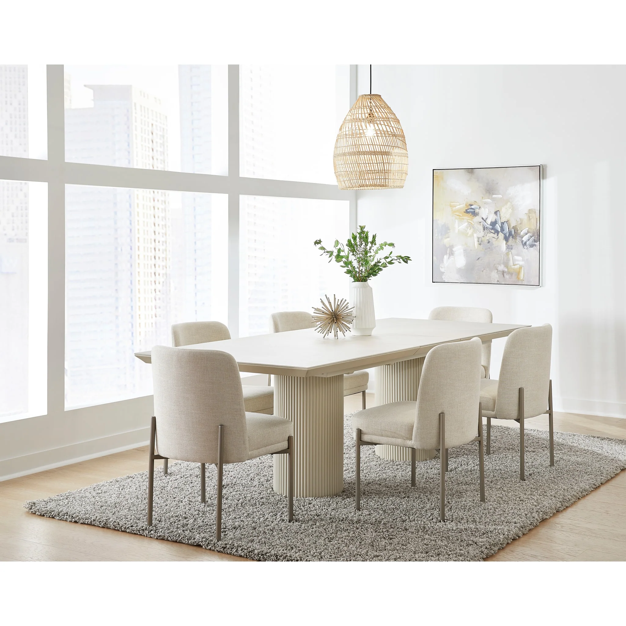 Cannon Stone Top Double Pedestal Extension Dining Table with Ivory Wood Base - Image 4