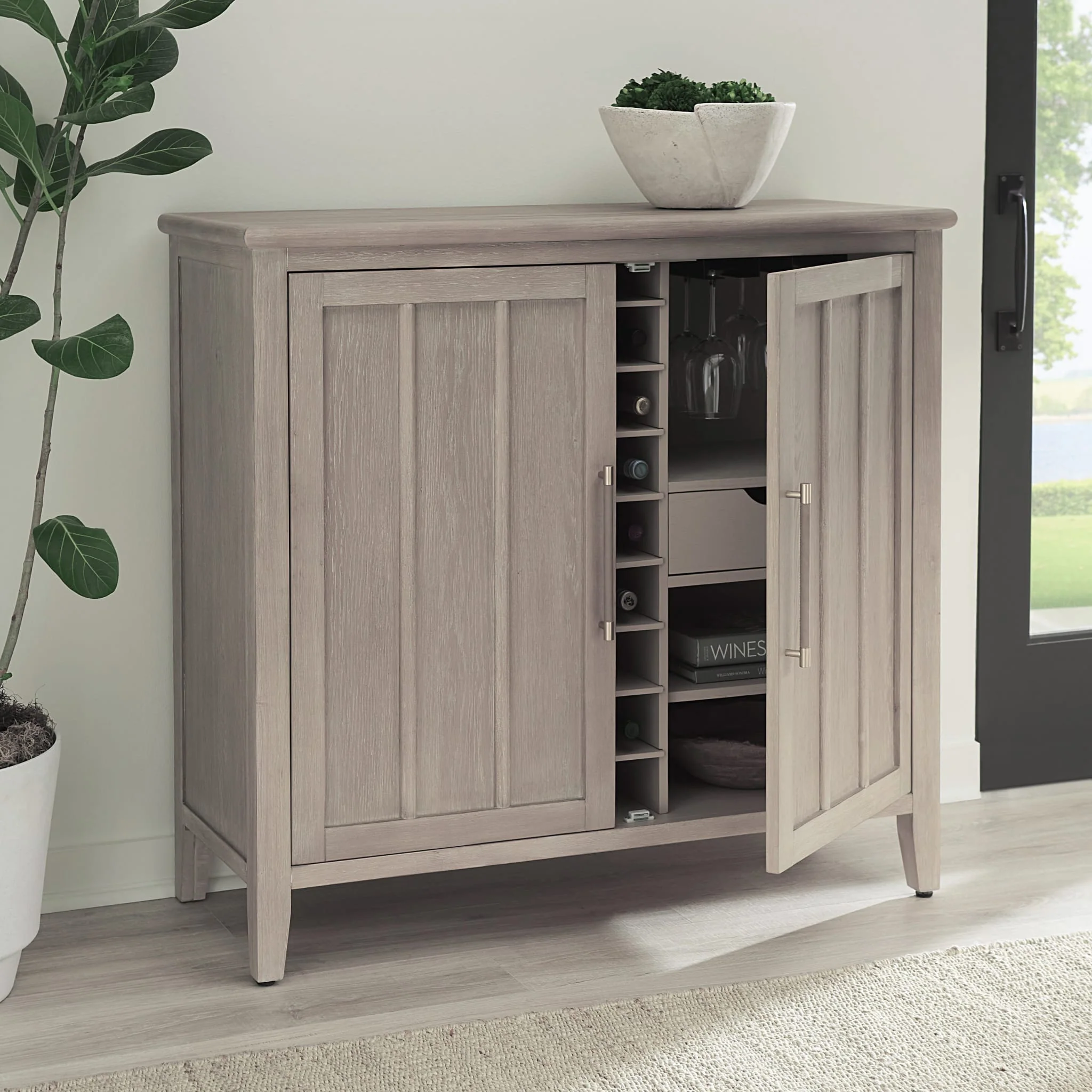 Camden Two Door Two Drawer Bar Cabinet with Stemware Rack and Wine Rack in Chai - Image 3