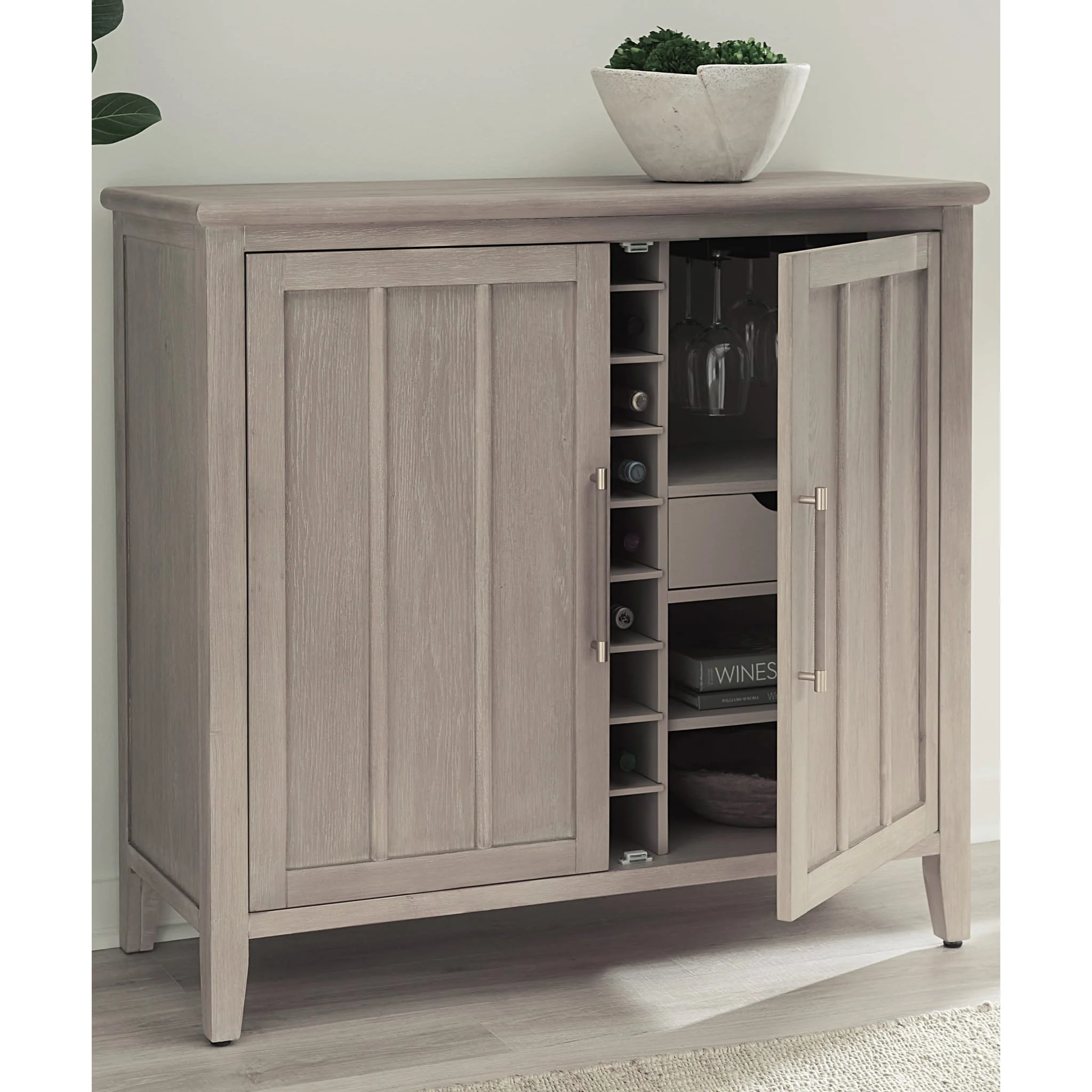 Camden Two Door Two Drawer Bar Cabinet with Stemware Rack and Wine Rack in Chai - Image 4