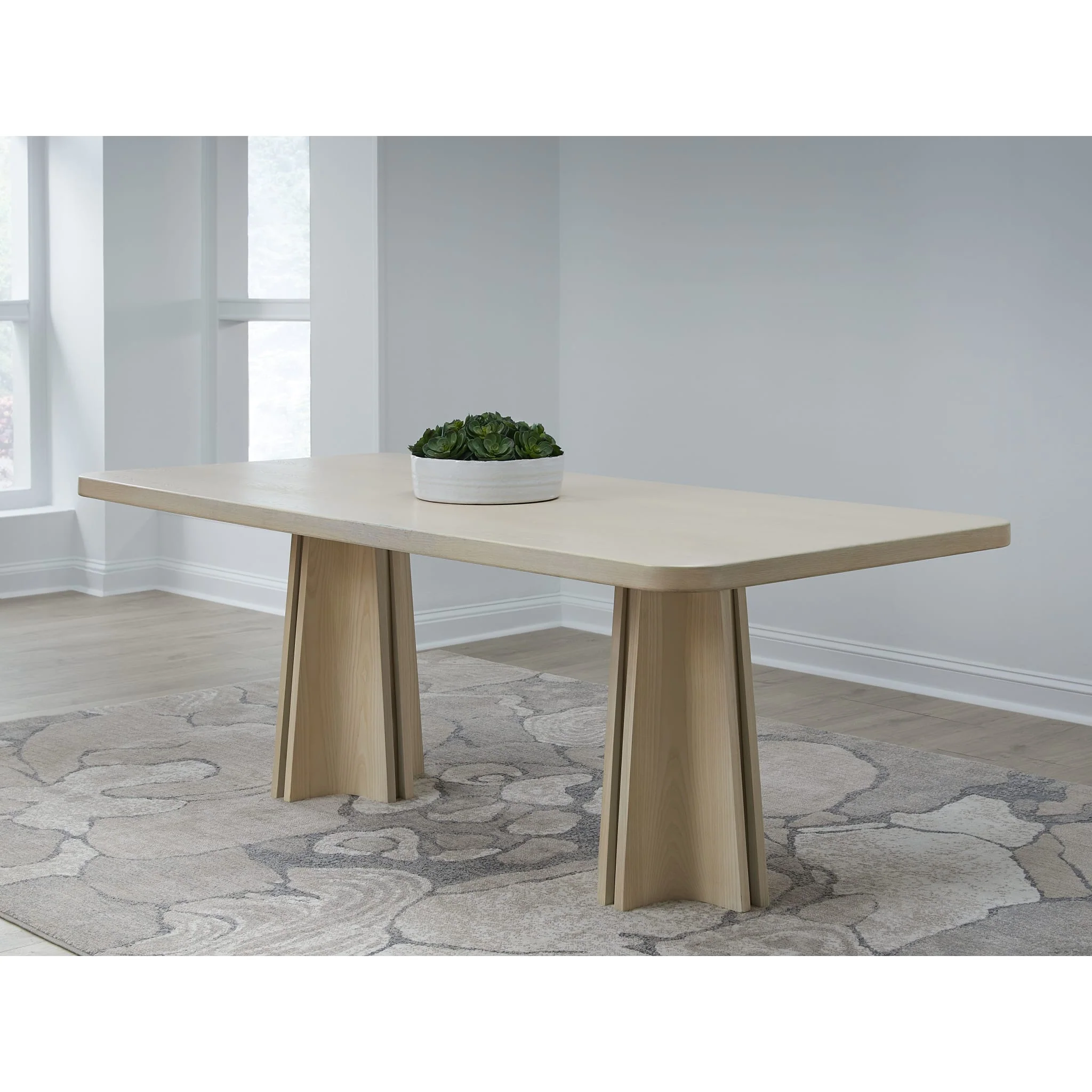Zinnia Ash Wood Double Pedestal Dining Table in White Sand