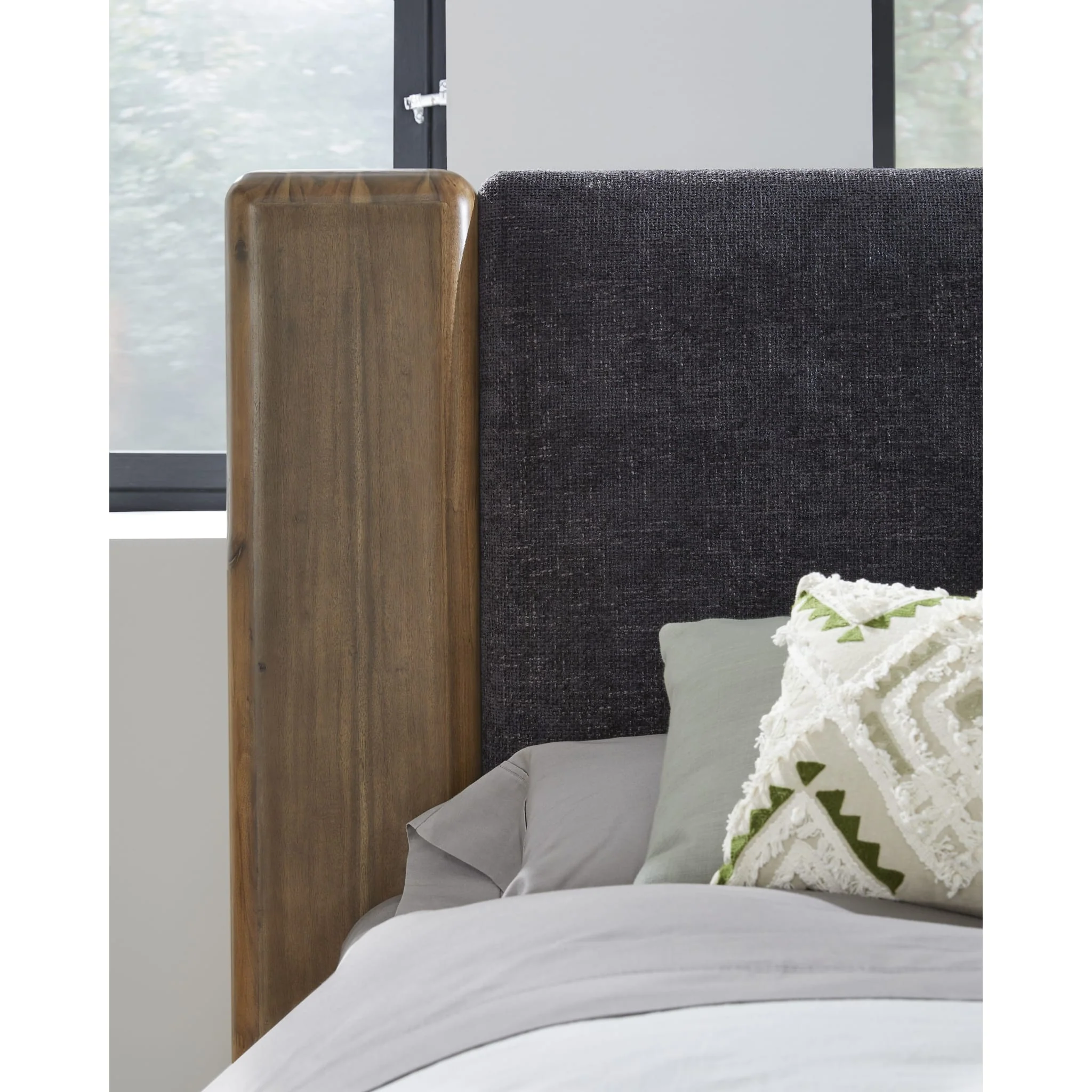 Boka Chenille Upholstered Acacia Wood Platform Bed in Black and Impala - Image 5
